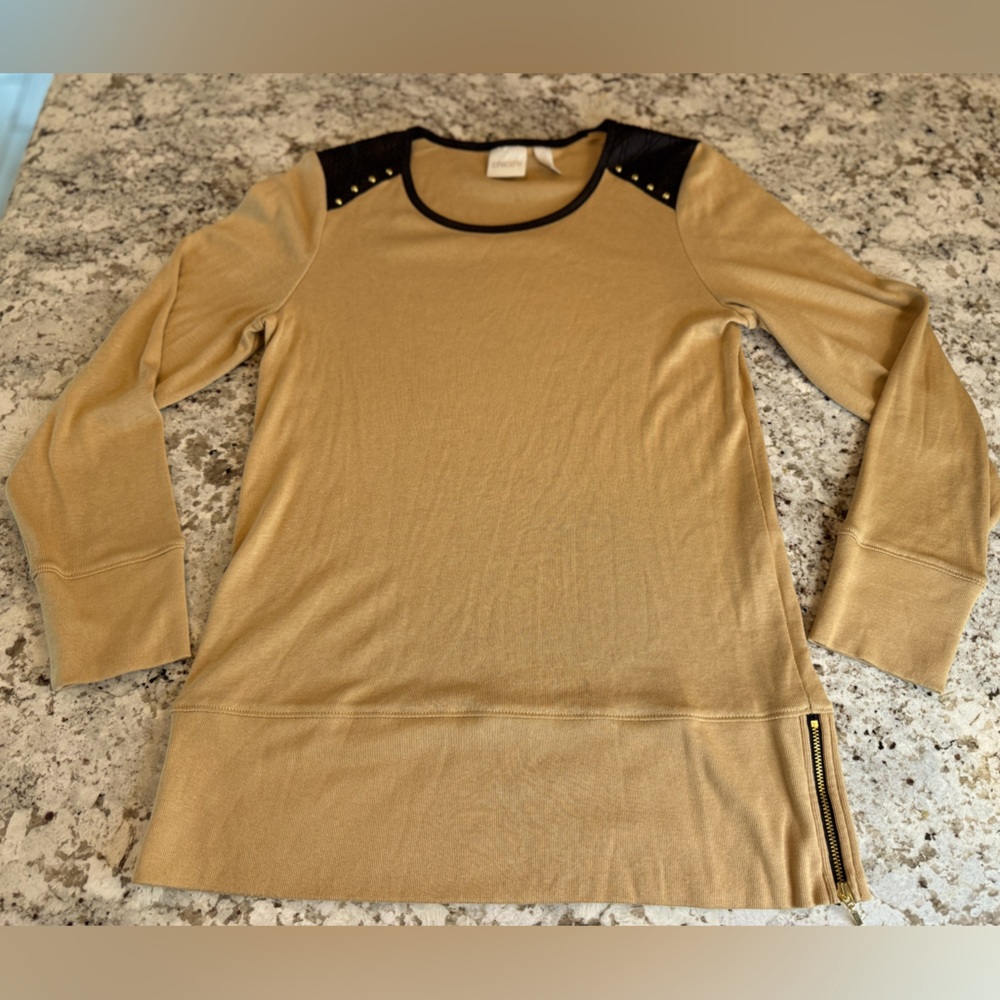 CHICO’S Tan Crew Neck Sweater with Faux Leather Accents